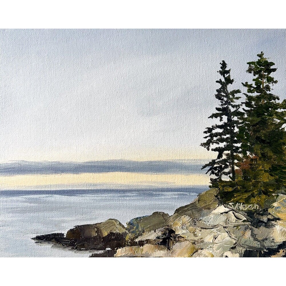 8x10 Maine Original Oil Landscape Canvas Painting Acadia Rocks Ocean Art Signed